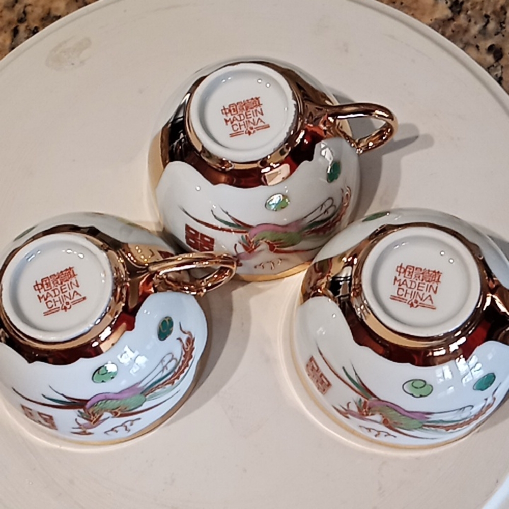 Vintage Chinese Porcelain Gold Colored Double Happiness Dragon & Phoenix Set. - Picture 16 of 16
